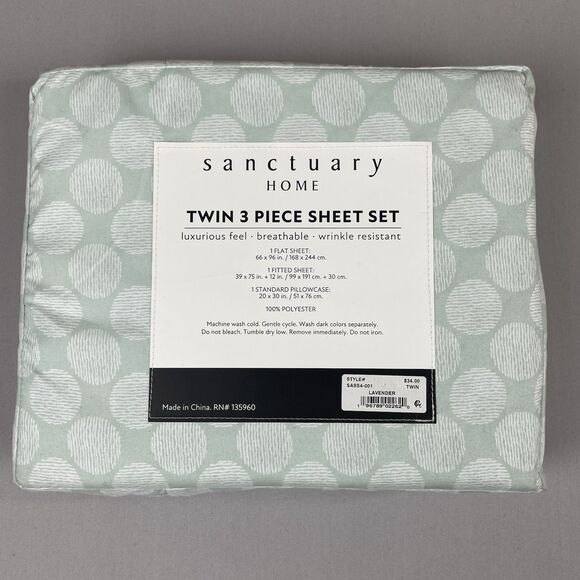 Sanctuary Home 3-Piece Twin Sheet Set Printed Green White Pattern New Luxurious - Picture 4 of 8